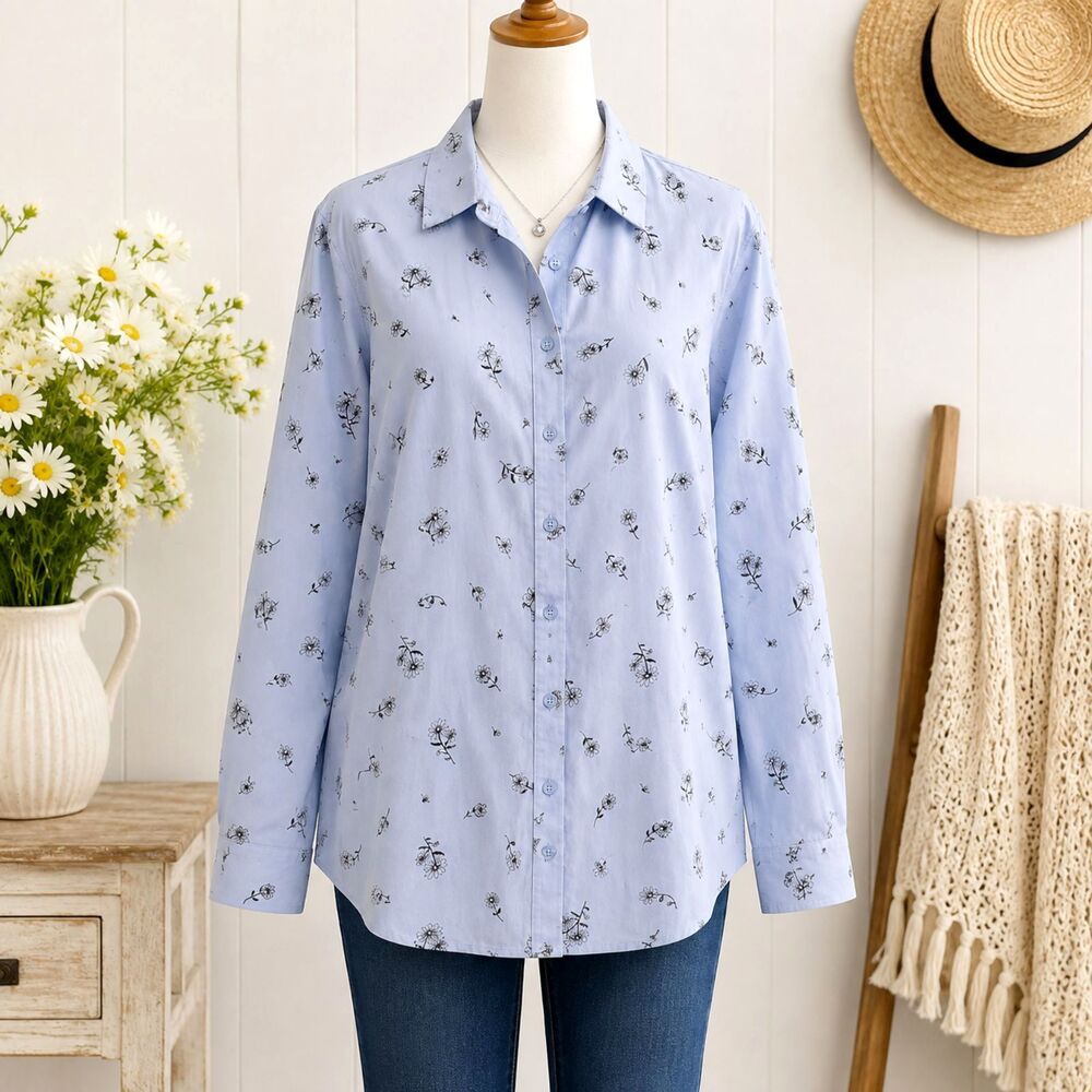 Woman Within NWOT Blue Daisy Print Cotton Shirt Top Medium 14/16 Floral